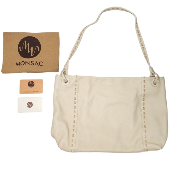 Monsac Soft Leather Slouch Hobo Shoulder Bag – Cream with Woven Leather Detail - Picture 1 of 17